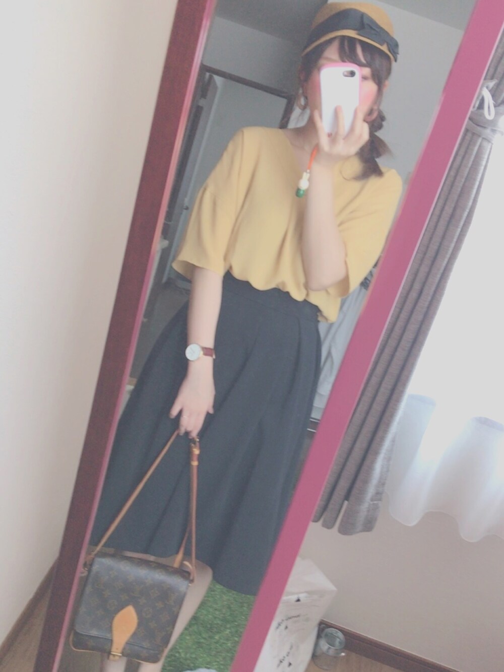 「夏コーデ、summer、ootd、outfit、イエロー、スカート、休日スタイル、ラクチンコーデ」｜「Green　Parksの・バックリボン5分袖ブラウス（シャツ/ブラウス、イエロー系）」を使った、coco.  さん（レディース・162cm）の夏コーディネートの1枚目の写真