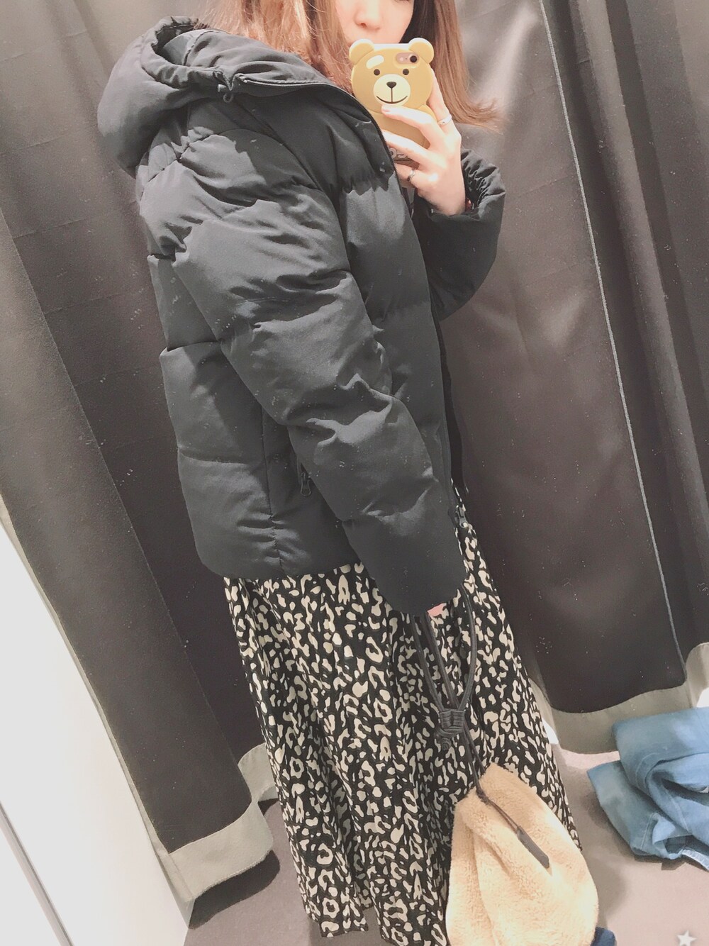 「プチプラコーデ、シンプルコーデ、ootd、fashion、outfit、レオパード、ダウンジャケット、GU、RETOROGIRL」｜「GUのアイテム（ダウンジャケット/コート、ブラック系）」を使った、coco.  さん（レディース・162cm）の春コーディネートの1枚目の写真