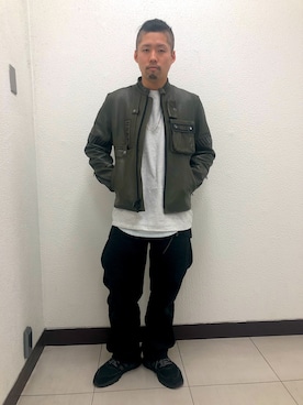 「アイテム（ライダースジャケット、グリーン系）」を使った、HONDAさん（メンズ・171cm）の冬コーディネート