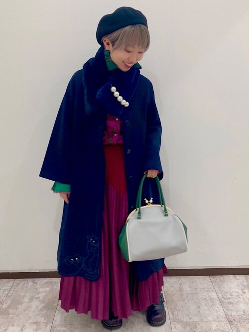 人気のファッションブランド ねこ 2点セット ファー付き アウター レディース ふりふオリジナル ふりふweb限定 ファー付き猫の恩返しコート ネイビー コート 猫 ゆったりシルエット 和色 和風 モダン レトロ 秋冬新作 防寒 あったか ネイビー 0610 9