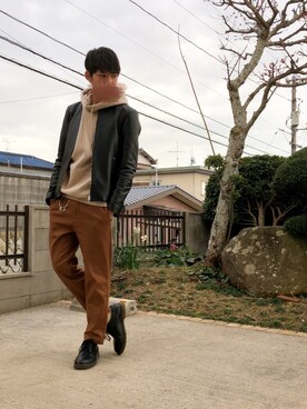 「リドム」｜「アイテム（ライダースジャケット）」を使った、なおやさん（メンズ・175cm）の冬コーディネート