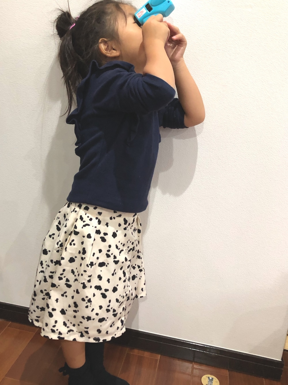 「キッズファッション、ハンドメイド、ダルメシアン柄」｜「devirockの【旧モデル】ガールズデザインロングTシャツ  カットソー（Tシャツ/カットソー、ブルー系）」を使った、☺︎tiiina☺︎さん（キッズ・110cm）の秋コーディネートの1枚目の写真