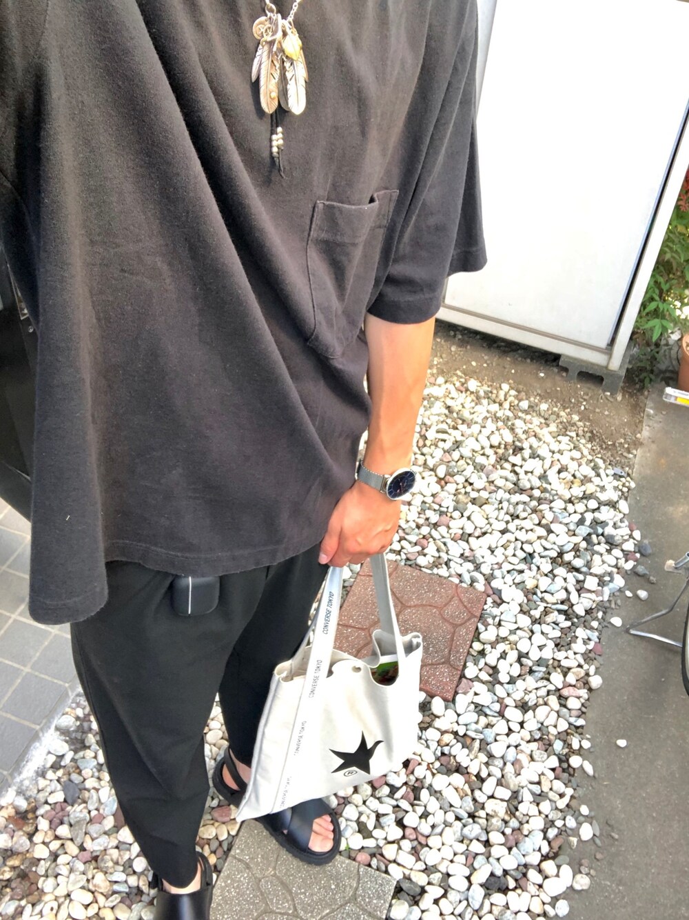 ブラック系のTシャツ/カットソー、ブラック系のスラックス、ブラック系のサンダルを着用したメンズの夏コーディネートの1枚目の写真