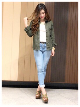 「アイテム（サンダル）」を使った、R&E_REZOY本部staffさん（レディース・155cm）の春コーディネート