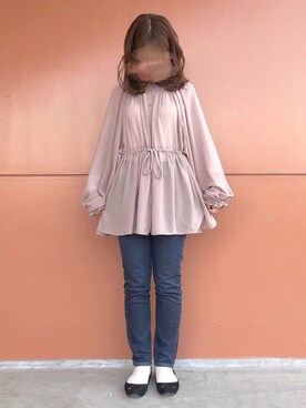 「mystic（ミスティック）のハイネックボリュームギャザーブラウス（シャツ/ブラウス、ブラウン系）」を使った、𝒦さん（レディース・153cm）の春コーディネート