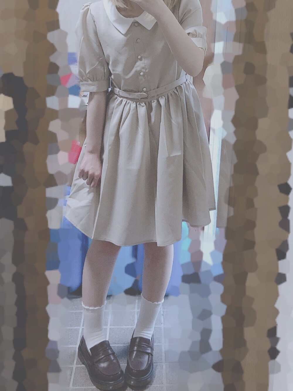 「evelyn、清楚系、ワンピース、ローファー、ベージュ、量産型、低身長」｜「evelynのアイテム（ワンピース、ベージュ系）」を使った、nekomori 居眠さん（レディース・148cm）の夏コーディネートの1枚目の写真