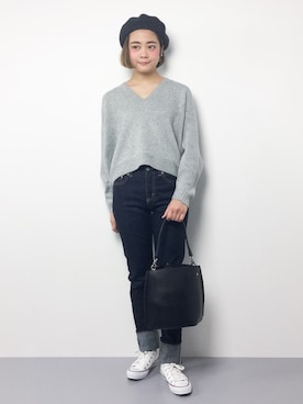 「太めロールアップ」｜ずちに。さん（レディース・160cm）の冬コーディネート