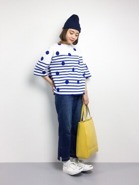 「マリン」｜「アイテム（ニットキャップ/ビーニー）」を使った、ずちに。さん（レディース・160cm）の春コーディネート