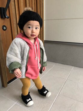 「DAISO（DAISO）のアイテム（ハンチング/ベレー帽）」を使った、aruさん（キッズ・80cm）の春コーディネート