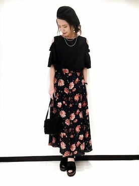 「オープンショルダー」｜「アイテム（ハンチング/ベレー帽）」を使った、JEANASIS　長崎店STAFFさん（レディース・156cm）の夏コーディネート