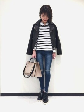「JEANASIS（ジーナシス）のアイテム（ライダースジャケット）」を使った、JEANASIS　長崎店STAFFさん（レディース・156cm）の冬コーディネート