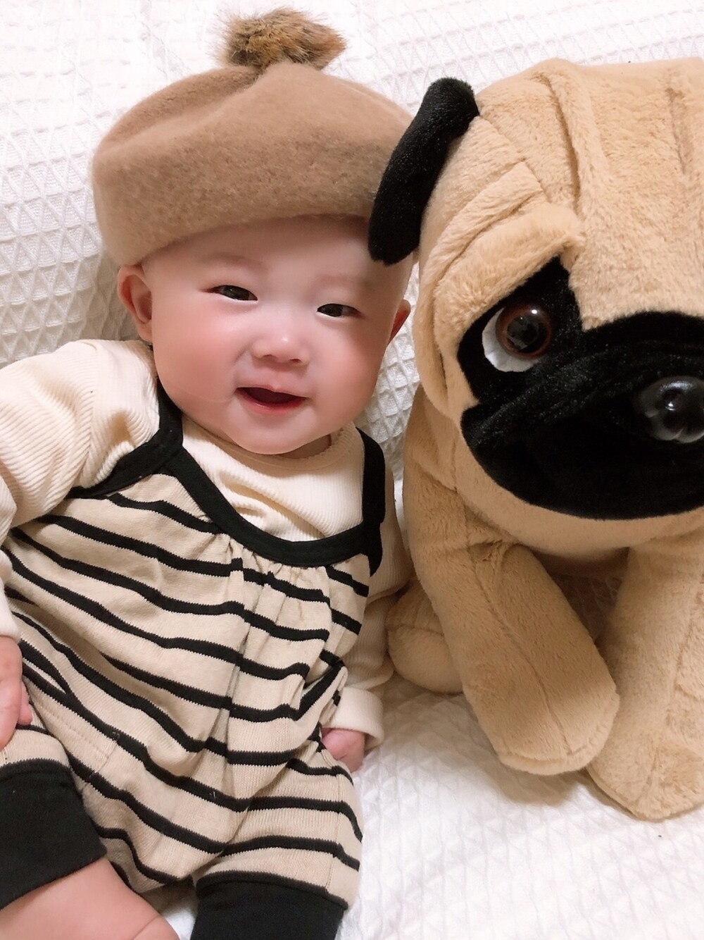 「とわぴーこーで、過去code、男の子、むすこーで、むすこふく、NUTTERU、たつお、ベレー帽、ボーダー、ベージュコーデ」｜「BREEZEのアイテム（ハンチング/ベレー帽、ベージュ系）」を使った、towaさん（キッズ・50cm）の夏コーディネートの1枚目の写真