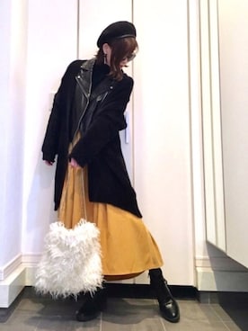 「マスタード」｜「アイテム（ライダースジャケット）」を使った、K&H♡さん（レディース・161cm）の冬コーディネート