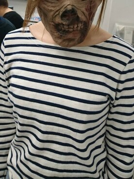「LOWRYS FARM（ローリーズファーム）のコットンマリンボーダープルオーバーロングスリーブ　716122（Tシャツ/カットソー、ホワイト系）」を使った、Ayaさん（レディース・161cm）の春コーディネート