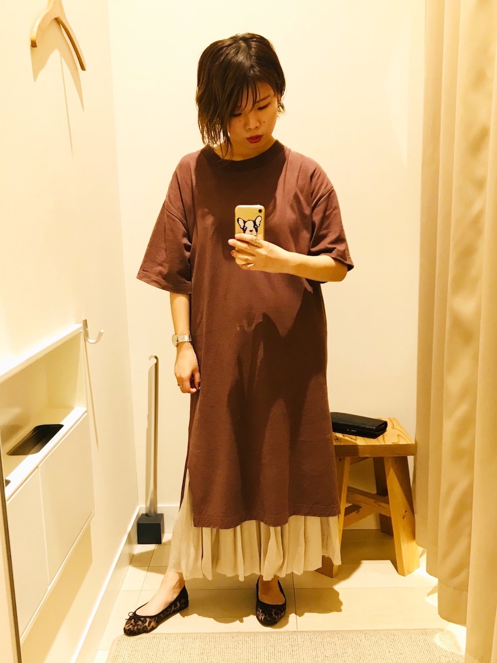 「オトナカジュアル、夏コーデ、ootd、出勤コーデ、アパレルスタッフ、スタッフコーデ」｜「GLOBAL WORKのUSAコットンワンピース半袖【UVカット】/823631（ワンピース、ブラウン系）」を使った、ぺいさん（レディース・155cm）の夏コーディネートの1枚目の写真