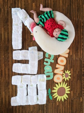 「アイテム（ロンパース、レッド系）」を使った、ののかさん（キッズ・50cm）の夏コーディネート