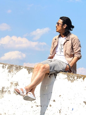 「スウエットパンツ」｜「アイテム（ステンカラーコート）」を使った、Decoさん（メンズ・170cm）の夏コーディネート
