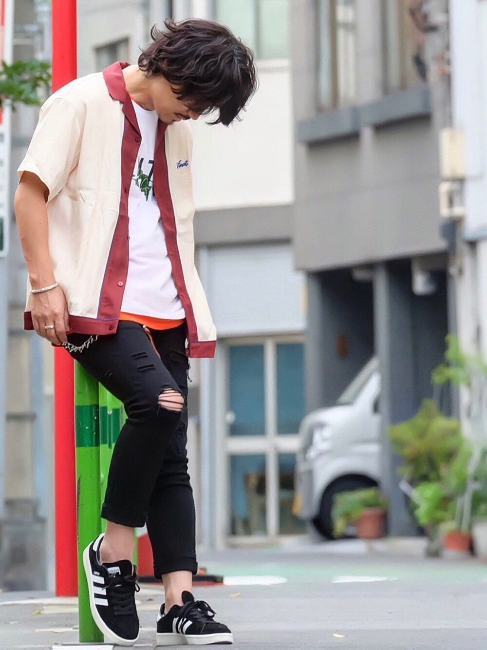 Decoさんの「VINTAGE RAYON TWILL  (COMBI) / BIG SILHOUTTE  BOWLING SHIRT（MR.OLIVE）」を使ったコーディネート