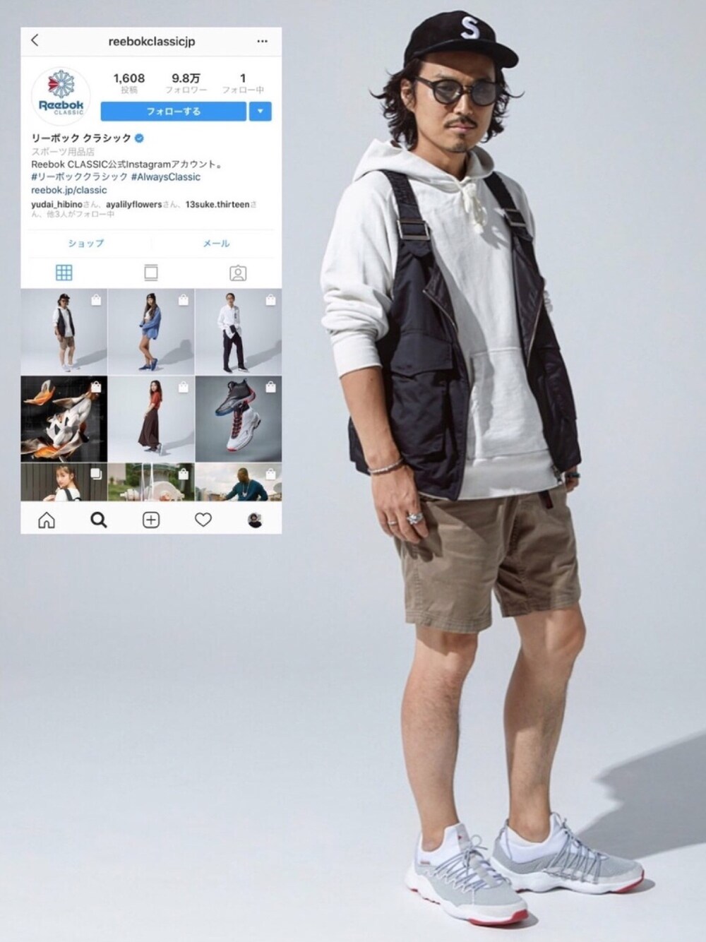 ブラック系のベスト、ホワイト系のパーカー、グリーン系のその他パンツを着用したメンズの夏コーディネートの1枚目の写真