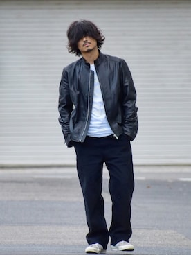 「マルジェラ」｜「アイテム（ライダースジャケット）」を使った、Decoさん（メンズ・170cm）の秋コーディネート