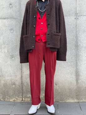 ブーツを使った 赤カーディガン のメンズ人気ファッションコーディネート Wear