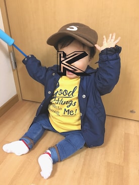 「petit main（プティマイン）のアイテム（ナイロンジャケット）」を使った、KOOOさん（キッズ・70cm）の秋コーディネート