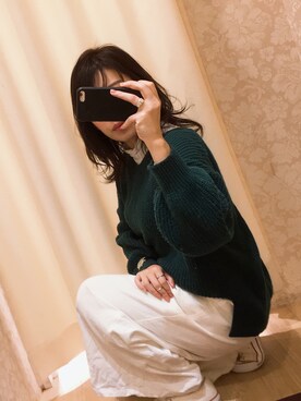 「earth music&ecology（アースミュージックアンドエコロジー）の・12colVネックニットプルオーバー ●（ニット/セーター、ブルー系）」を使った、nagiさん（レディース・153cm）の冬コーディネート
