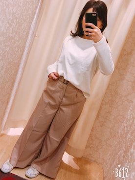 「earth music&ecology（アースミュージックアンドエコロジー）の・スタイルアップワイドパンツ（その他パンツ、ピンク系）」を使った、nagiさん（レディース・153cm）の冬コーディネート