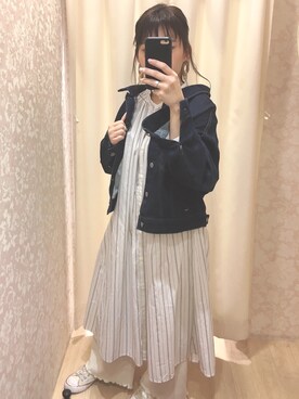 「earth music&ecology（アースミュージックアンドエコロジー）のCOTTON USAデニム(BIG Gジャン) ●（デニムジャケット、ブルー系）」を使った、nagiさん（レディース・153cm）の春コーディネート