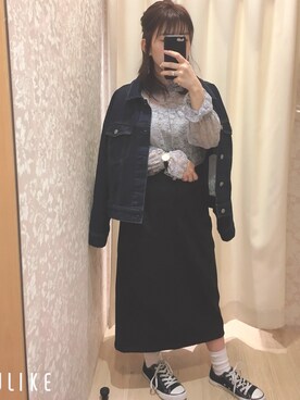 「earth music&ecology（アースミュージックアンドエコロジー）の・シャーリング総レースプルオーバー（Tシャツ/カットソー、ブルー系）」を使った、nagiさん（レディース・153cm）の春コーディネート