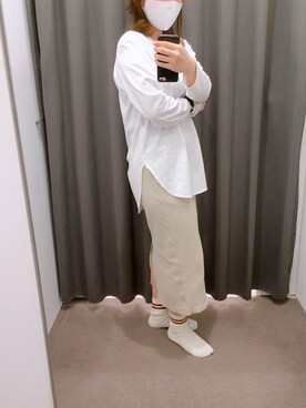 「UNIQLO（ユニクロ）のリブタイトロングスカート（丈標準76～80cm）（スカート、ベージュ系）」を使った、nagiさん（レディース・153cm）の夏コーディネート