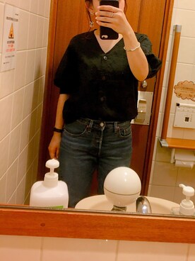 「GU（ジーユー）のアイテム（シャツ/ブラウス、ブラック系）」を使った、nagiさん（レディース・153cm）の夏コーディネート