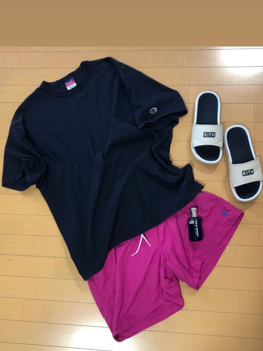 「オトナカジュアル、夏コーデ、水着コーデ、水着、Polo Ralph Lauren、polosport、ビックシルエット、パパコーデ、今日のコーデ」｜「Championのアイテム（Tシャツ/カットソー、ブルー系）」を使った、Seek Differenceさん（メンズ・180cm）の夏コーディネートの1枚目の写真
