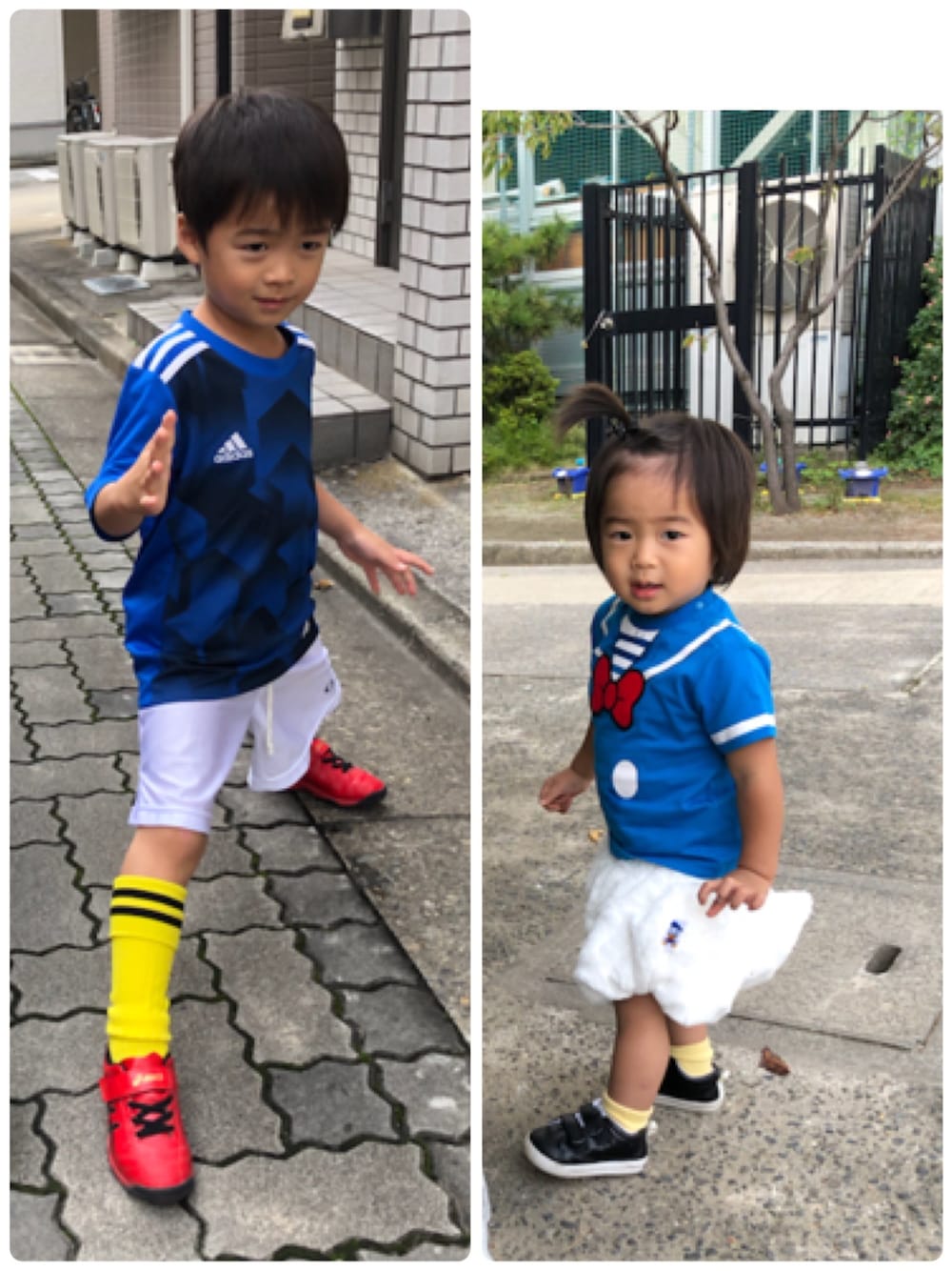 「wearhalloween2019、キッズファッション、サッカー、ﾄﾞﾅﾙﾄﾞﾀﾞｯｸ」｜「adidasのアイテム（Tシャツ/カットソー、ブルー系）」を使った、SO&KEIさん（キッズ・100cm）の秋コーディネートの1枚目の写真