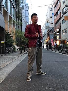 「アイテム（ライダースジャケット、レッド系）」を使った、shigeさん（メンズ・168cm）の秋コーディネート