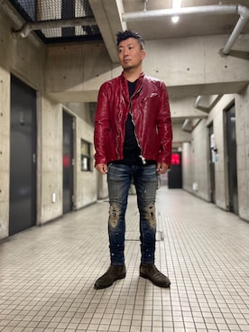 「ISAMU KATAYAMA BACKLASH（イサムカタヤマバックラッシュ）のアイテム（ライダースジャケット）」を使った、shigeさん（メンズ・168cm）の秋コーディネート