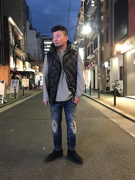 「ISAMU KATAYAMA BACKLASH（イサムカタヤマバックラッシュ）のアイテム（ダウンベスト）」を使った、shigeさん（メンズ・168cm）の秋コーディネート