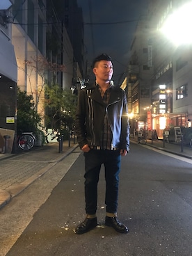 「ISAMU KATAYAMA BACKLASH（イサムカタヤマバックラッシュ）のアイテム（ライダースジャケット）」を使った、shigeさん（メンズ・168cm）の秋コーディネート