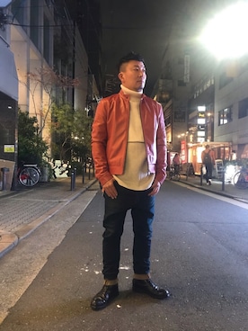 「アイテム（ライダースジャケット、オレンジ系）」を使った、shigeさん（メンズ・168cm）の秋コーディネート