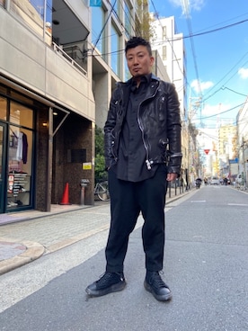 「ISAMU KATAYAMA BACKLASH（イサムカタヤマバックラッシュ）のアイテム（ライダースジャケット）」を使った、shigeさん（メンズ・168cm）の冬コーディネート