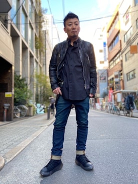 「大人シンプル」｜「アイテム（ライダースジャケット）」を使った、shigeさん（メンズ・168cm）の冬コーディネート