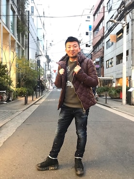 「ISAMU KATAYAMA BACKLASH（イサムカタヤマバックラッシュ）のアイテム（ダウンジャケット/コート）」を使った、shigeさん（メンズ・168cm）の冬コーディネート