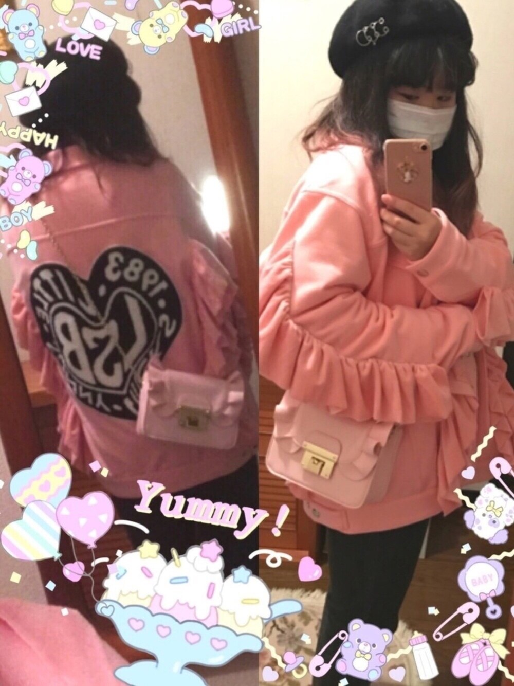 「パンツスタイル、ラフ、outfit、ootd、ピンク、ブラック、ベレー帽、ショルダーバッグ、ジーンズ、フリル」｜「Little sunny biteのLittle sunny bite/リトルサニーバイト/Flil Jacket（ブルゾン、ピンク系）」を使った、ゆいゆいさん（レディース・155cm）の冬コーディネートの1枚目の写真