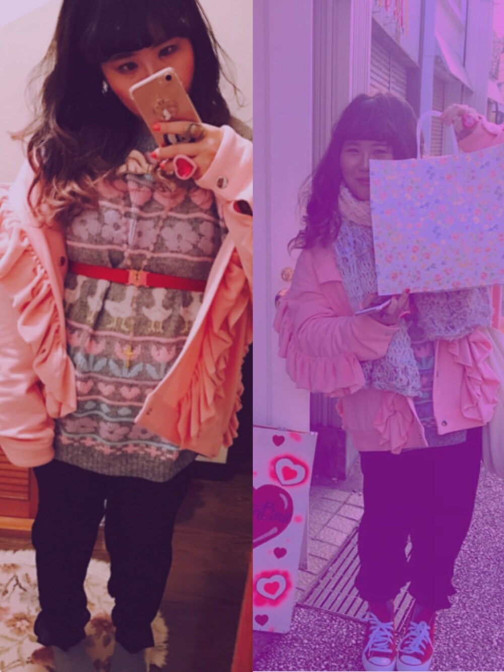 「休日スタイル、シンプル、ootd、赤、スニーカー、ファンシー、ファンシーセーター、パンツスタイル、黒パンツ、ピンク」｜「Little sunny biteのLittle sunny bite/リトルサニーバイト/Flil Jacket（ブルゾン、ピンク系）」を使った、ゆいゆいさん（レディース・155cm）の冬コーディネートの1枚目の写真
