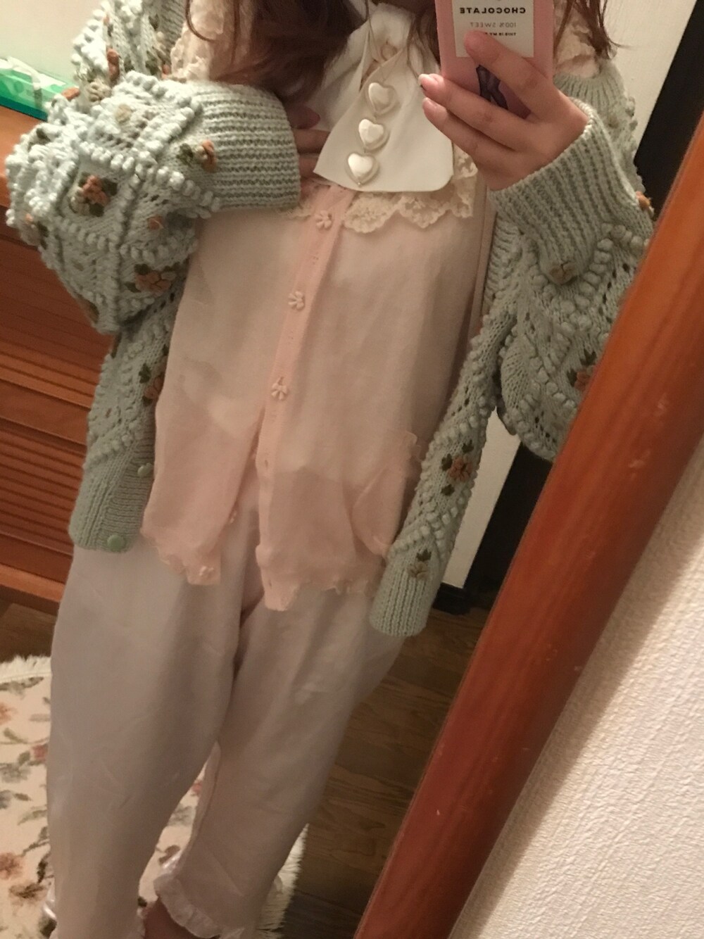 「ニットカーディガン、ヴィンテージ、vintage、used、古着、ootd、outfit、ブラウス、ファンシー、パステルカラー」｜「kinjiのアイテム（ニット/セーター、グリーン系）」を使った、ゆいゆいさん（レディース・155cm）の秋コーディネートの1枚目の写真