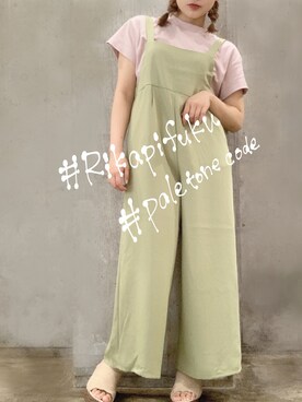 「GU（ジーユー）のアイテム（Tシャツ/カットソー、ピンク系）」を使った、rikapiさん（レディース・157cm）の夏コーディネート