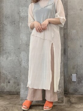 「w closet（ダブルクローゼット）のシワシフォンがマイブーム❤️（ワンピース/ドレス、ベージュ系）」を使った、rikapiさん（レディース・157cm）の夏コーディネート