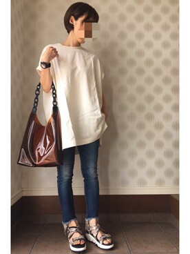 「Ungrid（アングリッド）のインディゴフレイドヘムストスリ（デニムパンツ）」を使った、ayunさん（レディース・155cm）の夏コーディネート