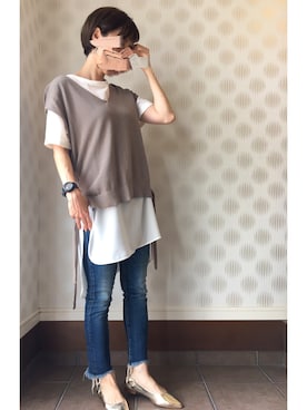 「Ungrid（アングリッド）のインディゴフレイドヘムストスリ（デニムパンツ）」を使った、ayunさん（レディース・155cm）の秋コーディネート