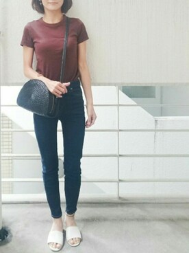 「UNIQLO（ユニクロ）のスーピマコットンリブクルーネックT（半袖）（Tシャツ/カットソー）」を使った、Ayaさん（レディース・151cm）の夏コーディネート